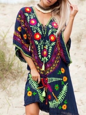Saffire Embroidered Boho Tunic Dress Navy Floral Cover Up Size S